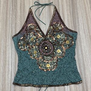 NWT Vintage Y2K Aftershock 100% Silk Beaded Corset Back Halter Top Size Medium